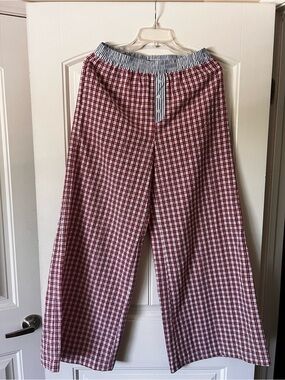 Gingham Wide-Leg Pants with Striped Waistband